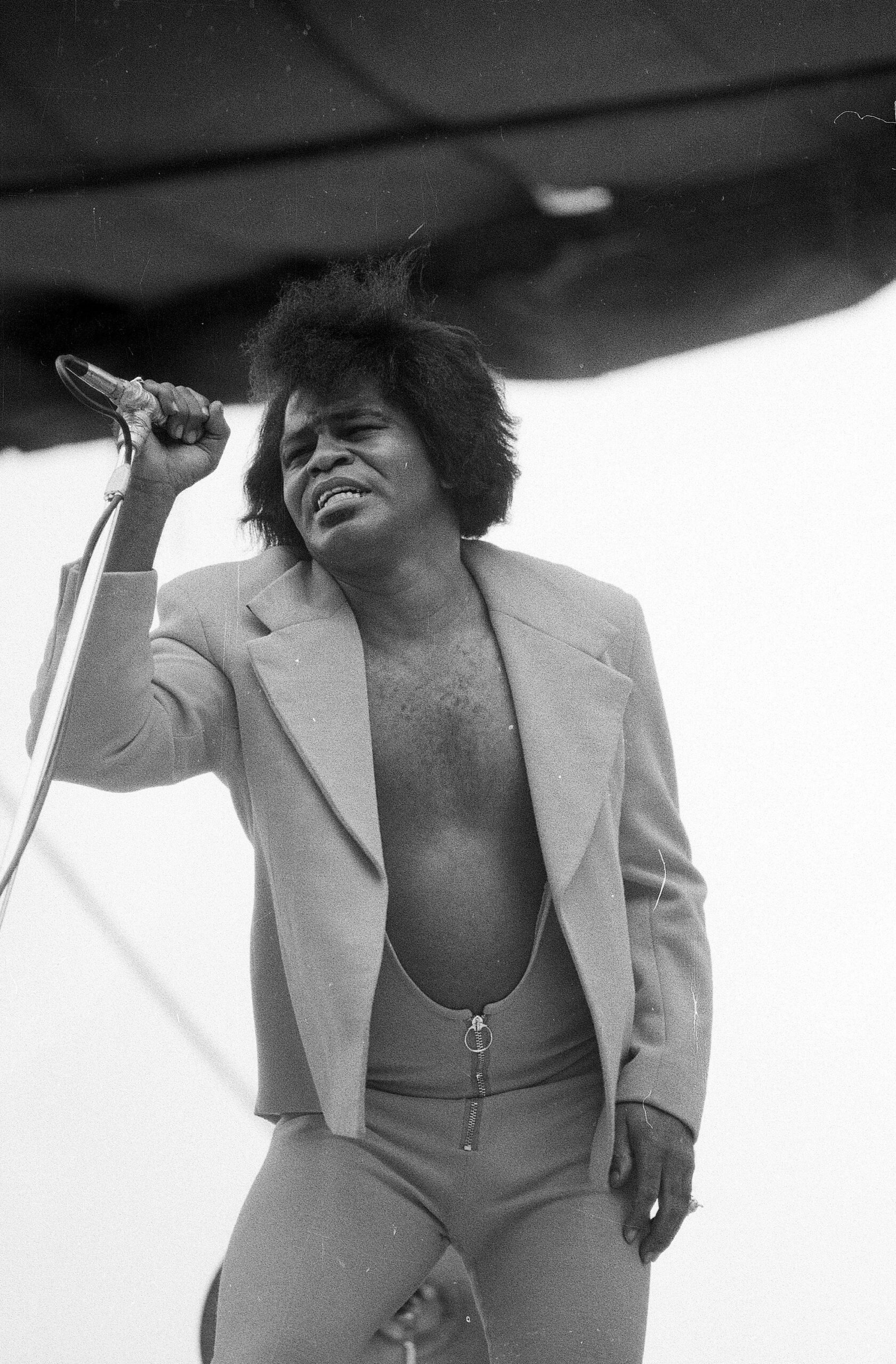 James Brown performs at the rock festival held at Roosevelt Raceway in New York on August 12, 1972