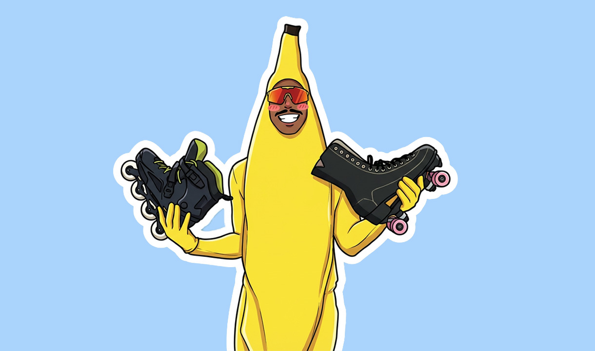 banana man holding inline and roller skates