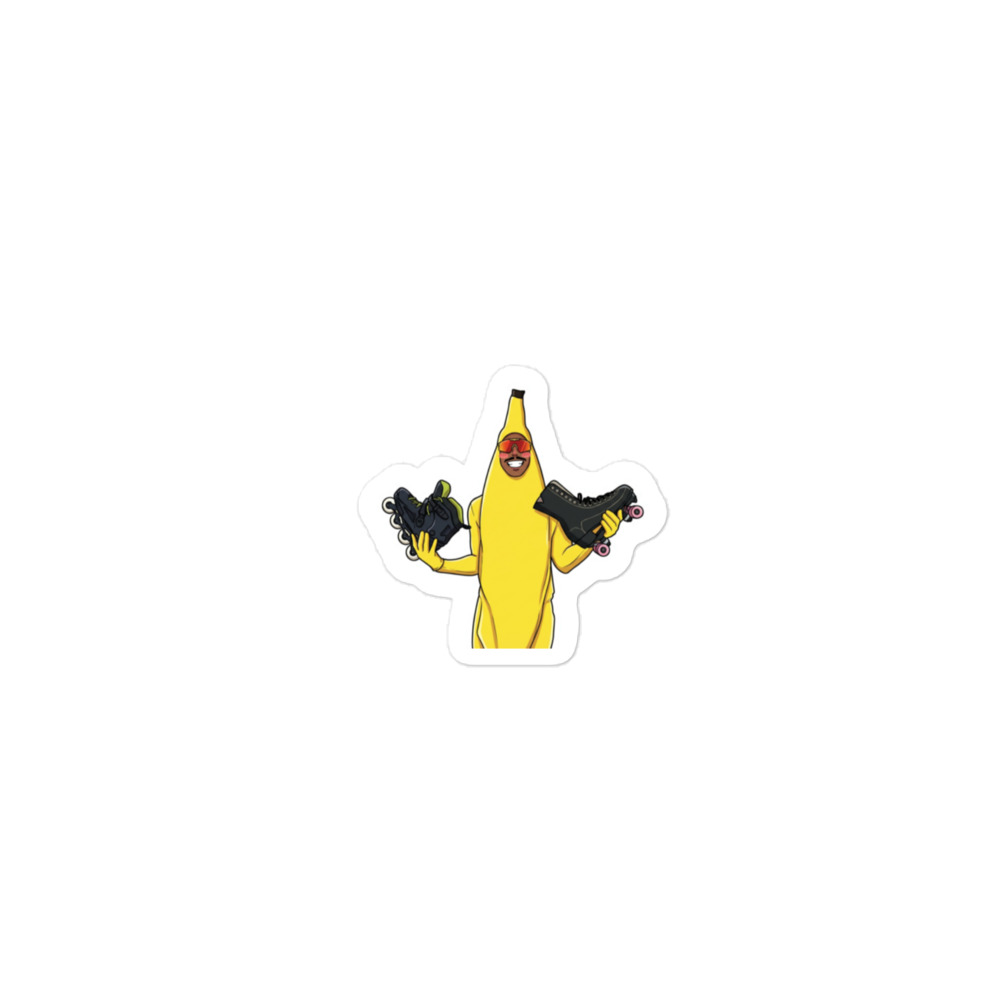 banana man holding inline and roller skates
